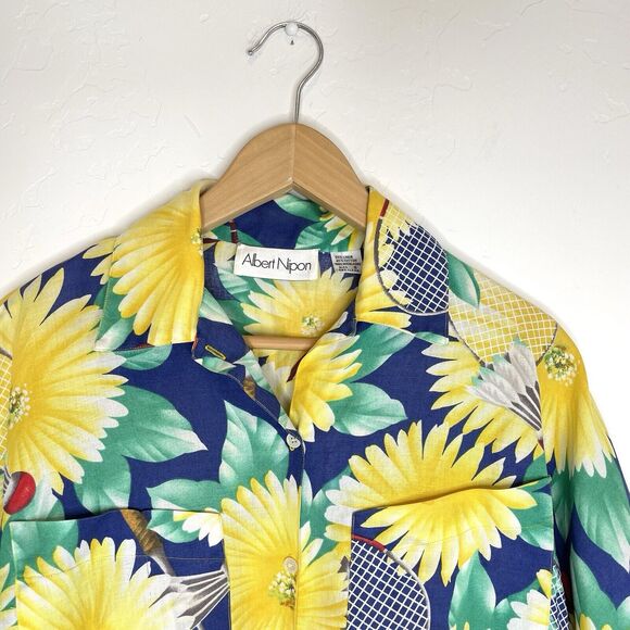 Vintage Albert Nipon Linen Blend Button Up Top Badminton Floral Womens 8 - Picture 2 of 4